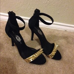 Black Ankle Strap Sandal Heel with Gold Spikes