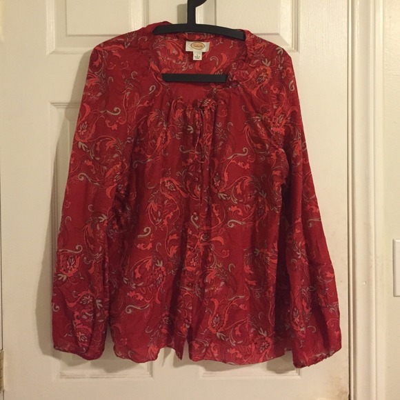 Talbots red scattered sequin button up blouse