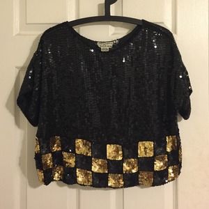 Vintage black and gold checkered sequin crop top