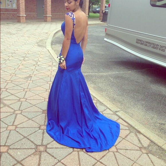 Blue backless prom dress
