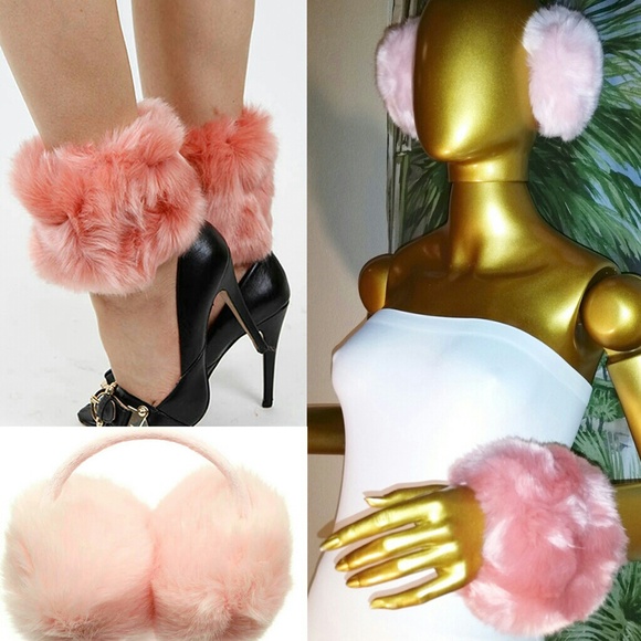 Pink faux fur winter set: earmuffs and cuffs