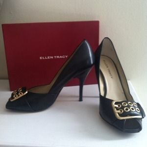 Ellen Tracy Gold Buckle Heels.