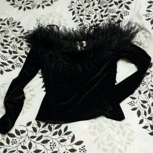 SOLD/Black velvet and feather neckline trim shirt