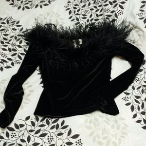 SOLD/Black velvet and feather neckline trim shirt