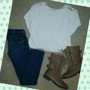 Adorable off white crochet shoulder sweater