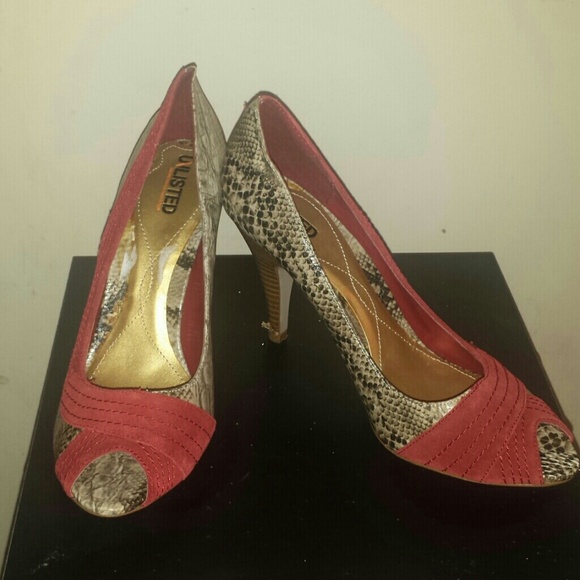 Snake print peep toe heels