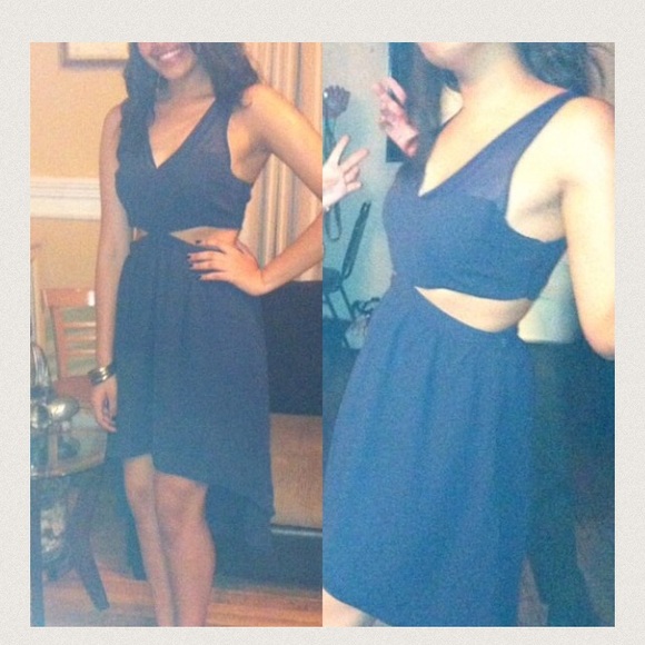 Navy blue hi/lo dress with side cuts. - Picture 1 of 3