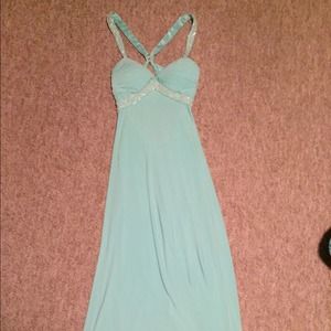 Sea foam green floor length open back dress