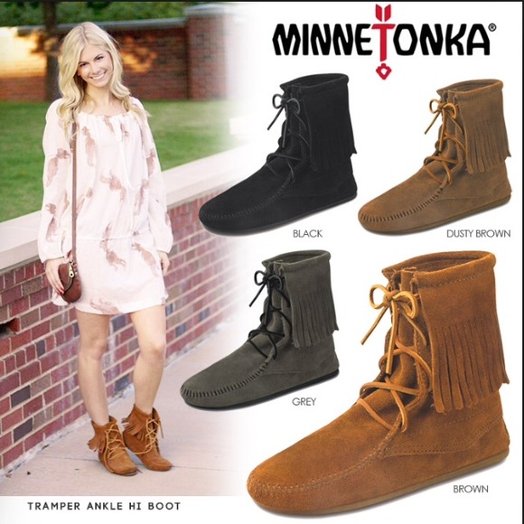 Minnetonka Shoes Minnetonka Tramper Ankle Hi Fringe Boots Poshmark