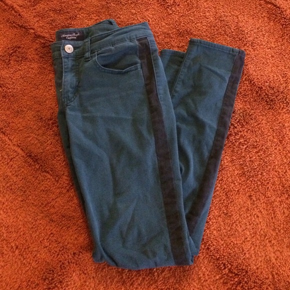 American Eagle Teal Skinny Jeans with Black Stripe