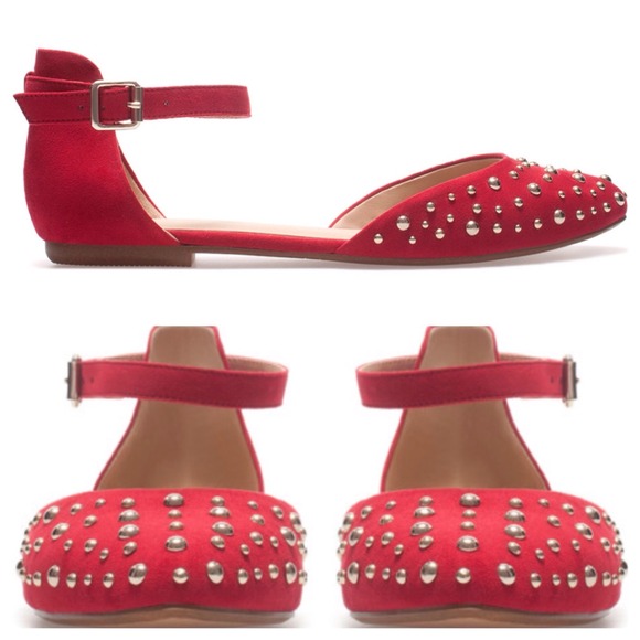 Zara Shoes - ZARA NWT RED STUDDED ANKLE TRAP FLAT 🔥🔥🔥