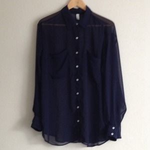 ✅SOLD. AA navy blue sheer chiffon button-up.