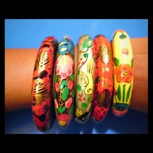 Five Hand painted wooden bangles