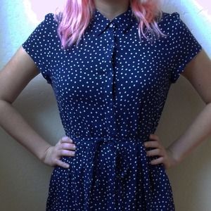 Short sleeve blue polka dot dress with collar