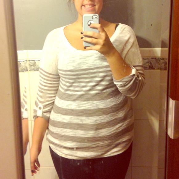 Express Tops - SOLD! Grey & White striped 3/4sleeved Shirt