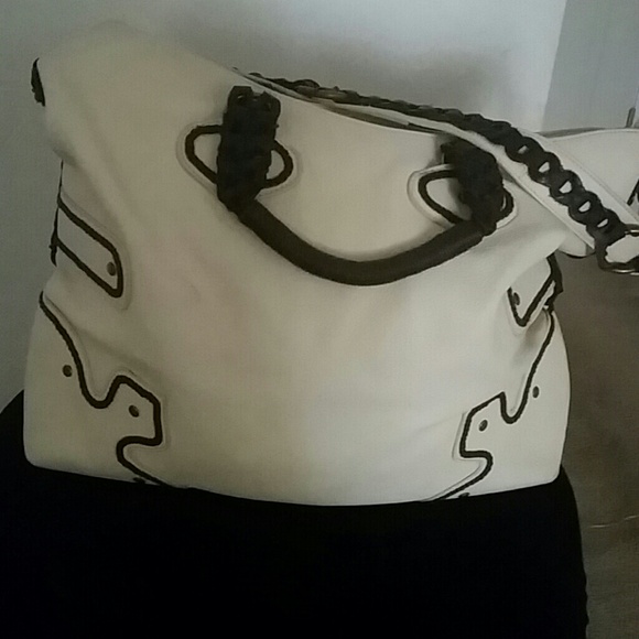 Babee D leather pocketbook.  Beige with brown trim
