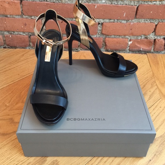 BCBG Black Gold Dust Strappy High Heels 8.5, NWB