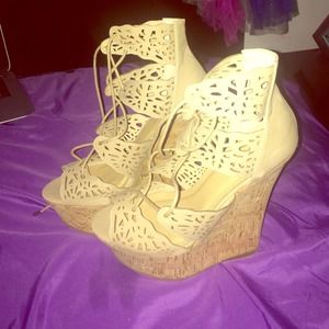 JustFab Nude LaceUp Wedges