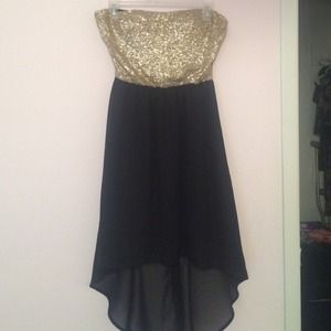 Black/gold strapless semi formal dress