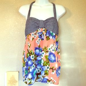 Y2K Blue Cherry Blossom Denim Halter Top
