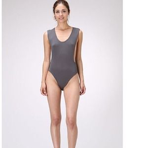 Large charcoal side boob exposure bodysuit top