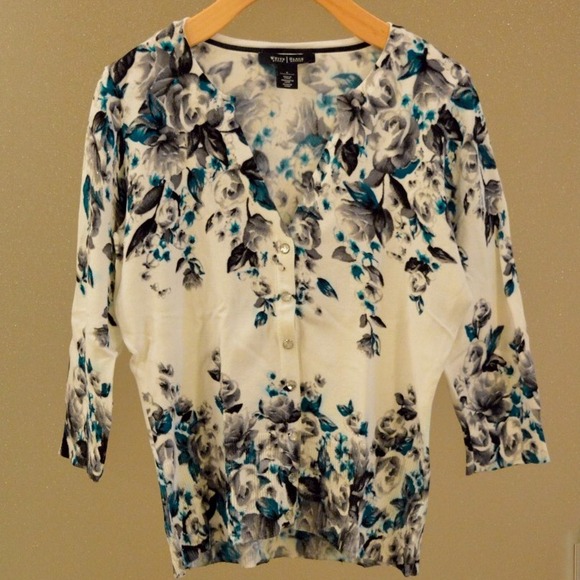 White House Black Market White Black Teal Cardigan