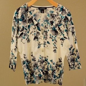 White House Black Market White Black Teal Cardigan