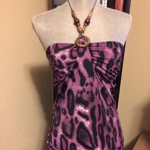 Purple Cheetah Print Top with Wooden Color Beads