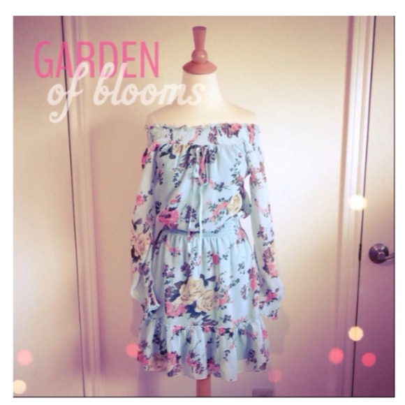 Blue & Pastel Floral Off The Shoulder Dress