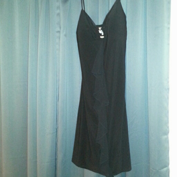 Black Spaghetti Strap Knee Length Dress w Ruffle