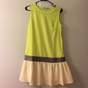 Cute yellow-green dress w/ gray faux leather trim