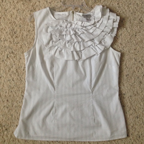Ruffle White w blk pin stripes Top