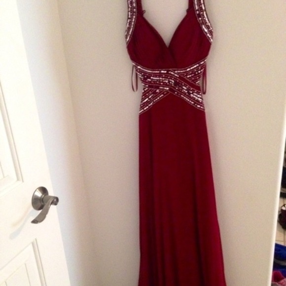 Dark red prom dress.
