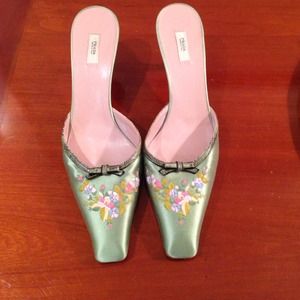 Prada pale green silk embroidered mules