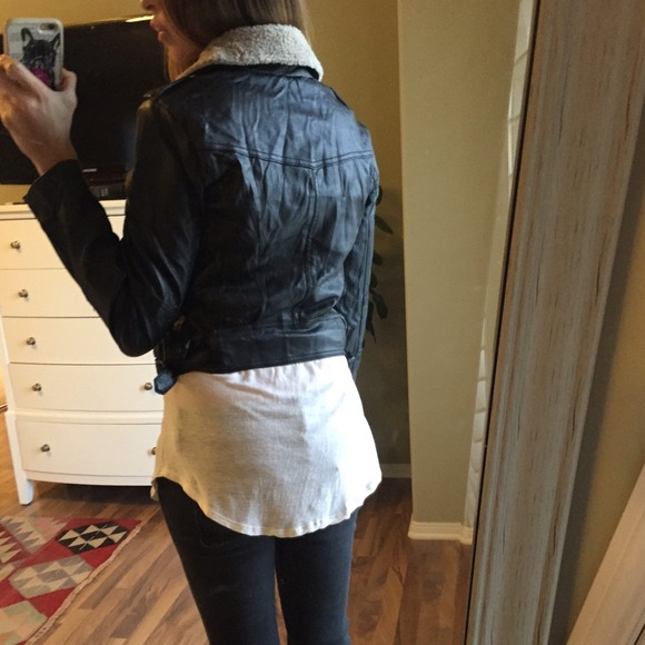 SOLD Black Faux Leather Moto Jacket With Fur - Picture 3 of 4