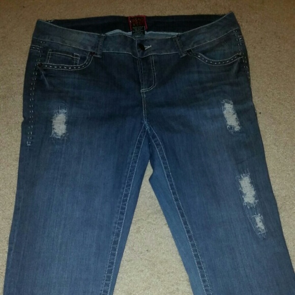 Destructed straight leg jeans