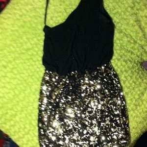 Way-in oneshoulder black and silver sequined dress