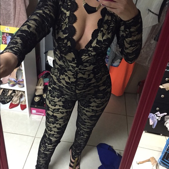 Black with nude long sleeve jumpsuit - Picture 2 of 4