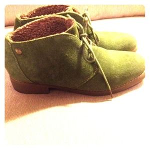 Green Leather booties with cozy lining.