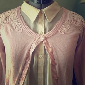 Lace Overlay Pink Cardigan - L