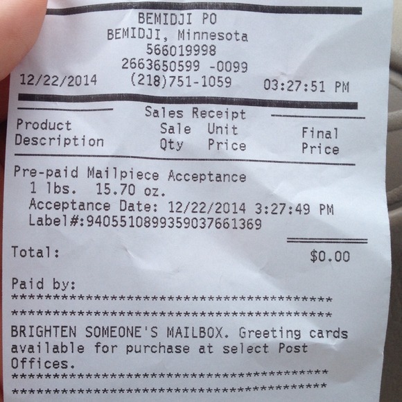Proof of shipping of sperrys!