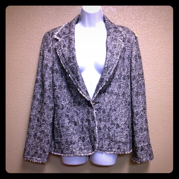Talbots Black/White Blazer Fringed Edges Size 14