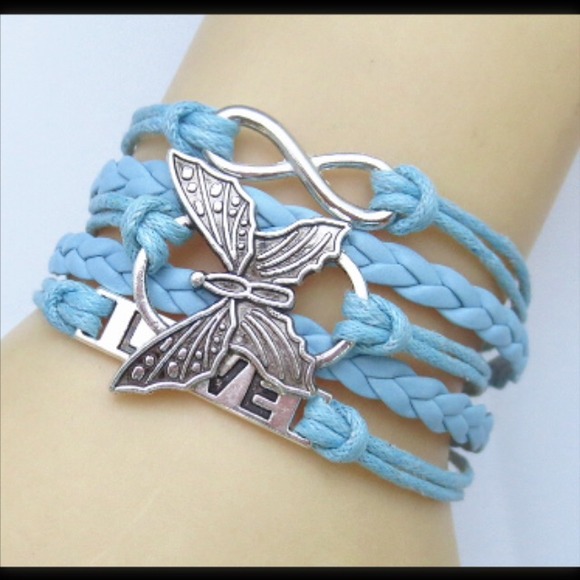Leather Bracelet bungle Silver Plated Butterfly