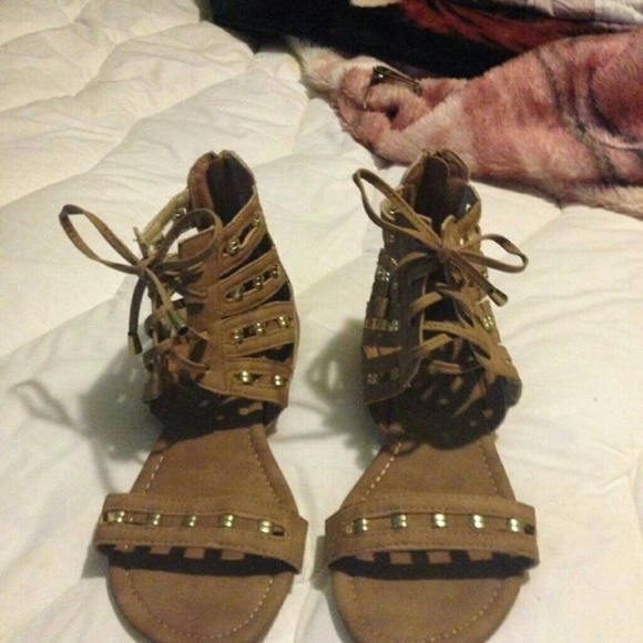 Tan beaded gladiator sandals