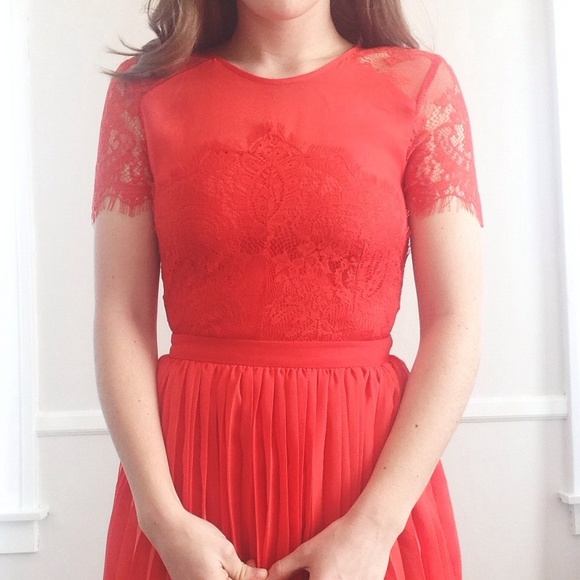 Red orange lace & pleated dress