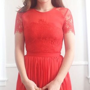 Red orange lace & pleated dress