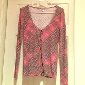 pink & gray plaid cardigan