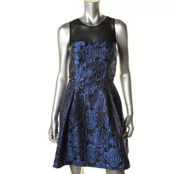 AQUA Metallic Blue Floral Print Party Dress