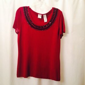 Festive holiday top with bling around the neckline