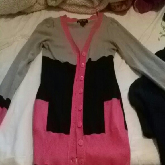 New!!  Long Gray, black, and pink cardigan